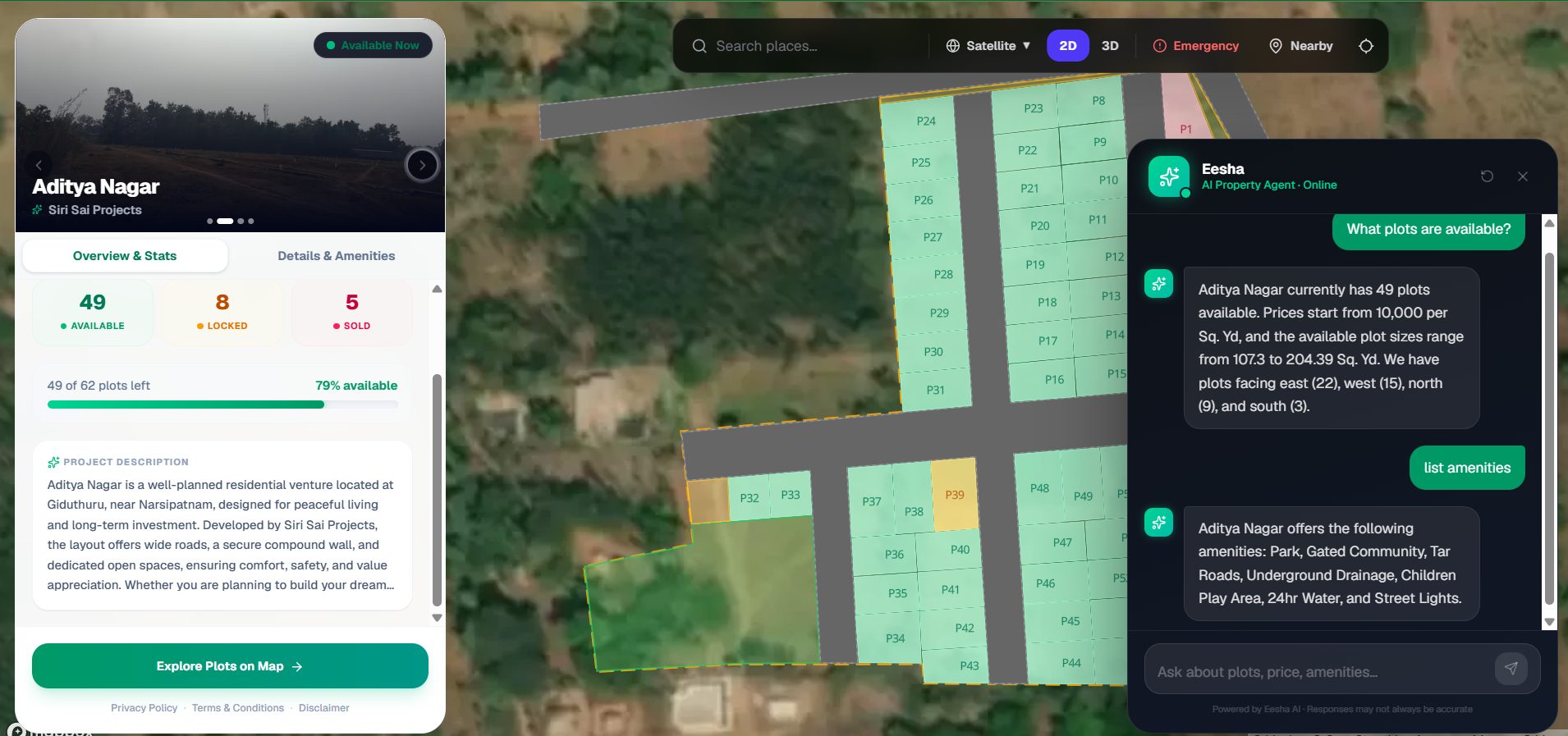 AI real estate chatbot answering a buyer question about available plots