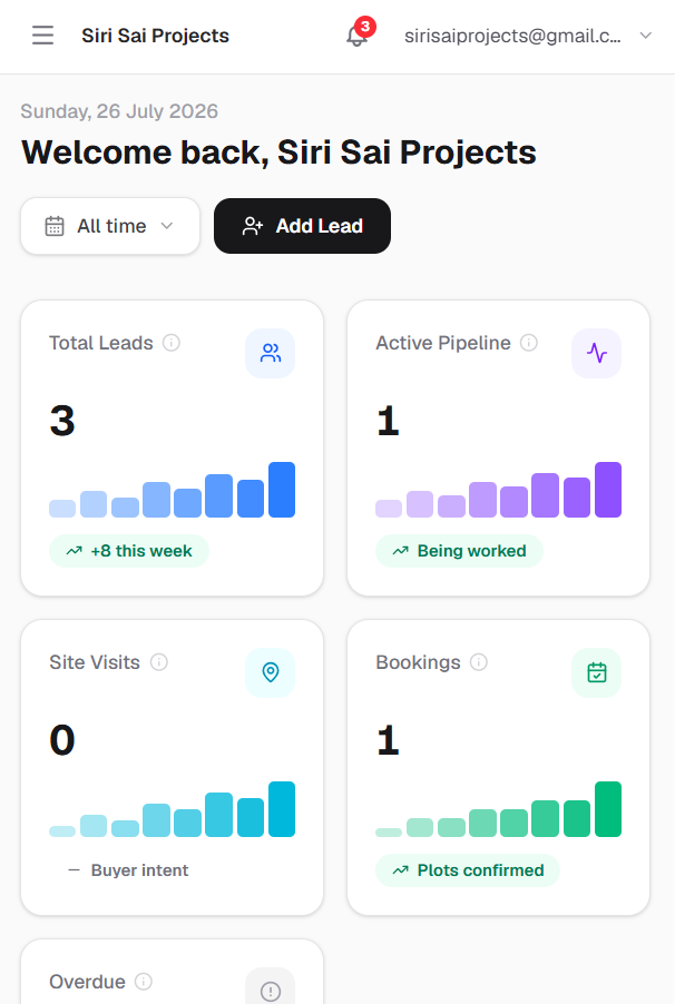Land sales software — CRM dashboard overview on mobile
