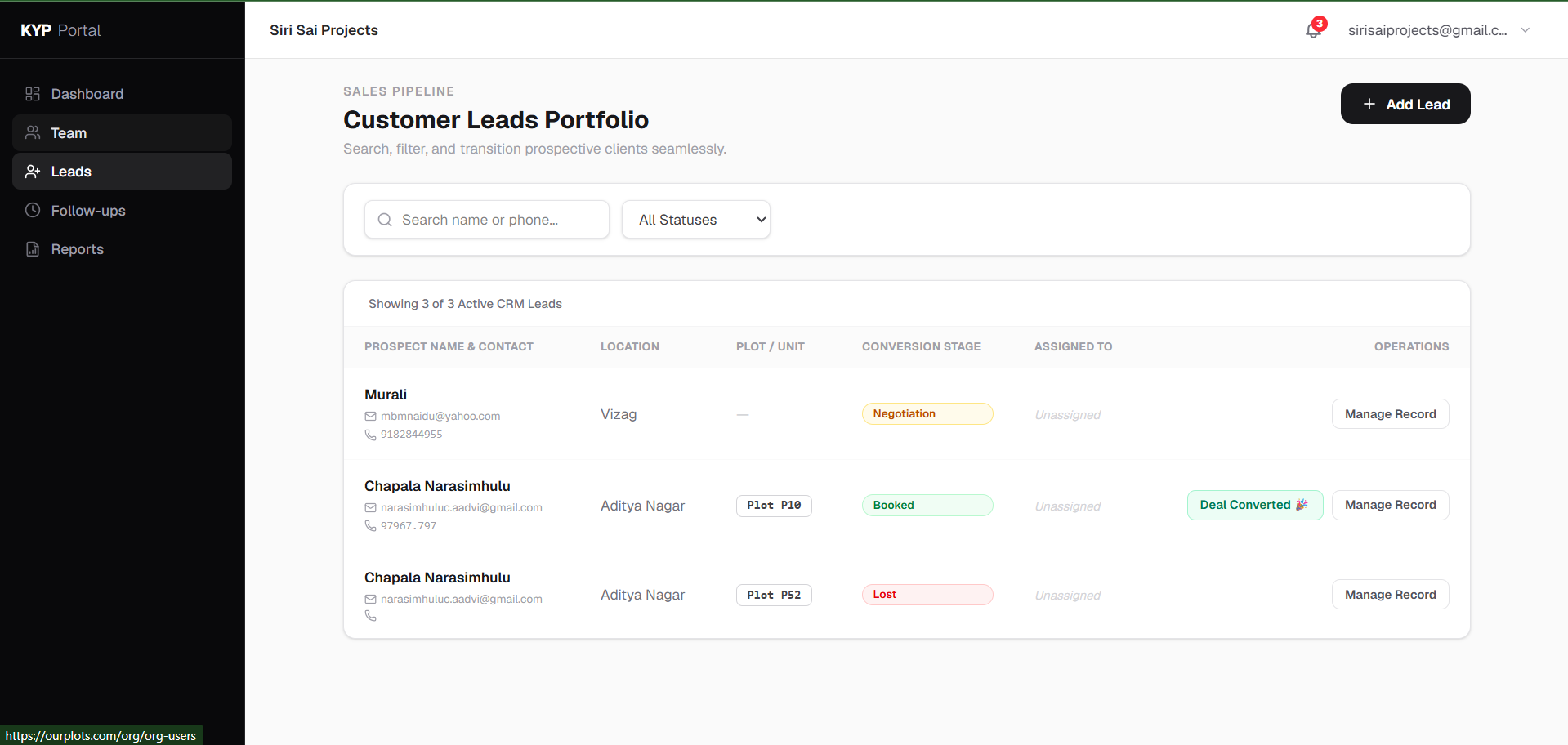 Plot booking software — real estate CRM leads table on desktop