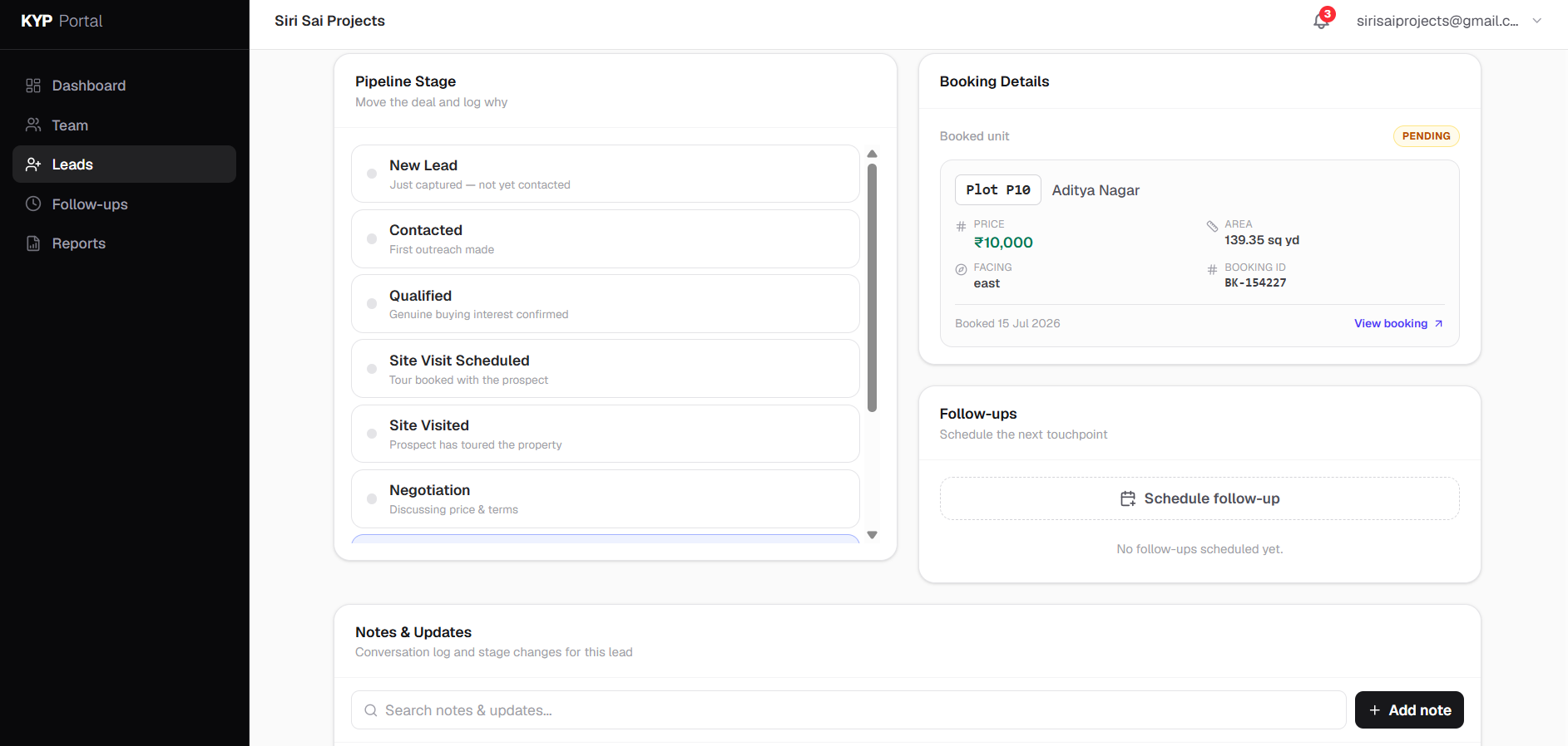Real estate venture management software — CRM pipeline stage and booking detail