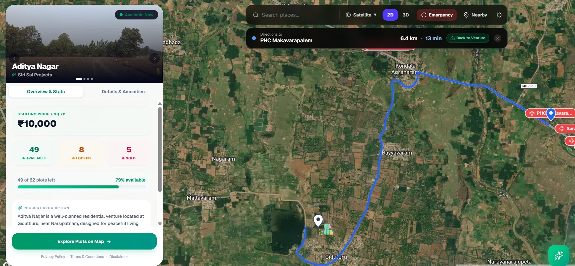 Real estate layout mapping tool showing nearby hospitals, schools and facilities with directions