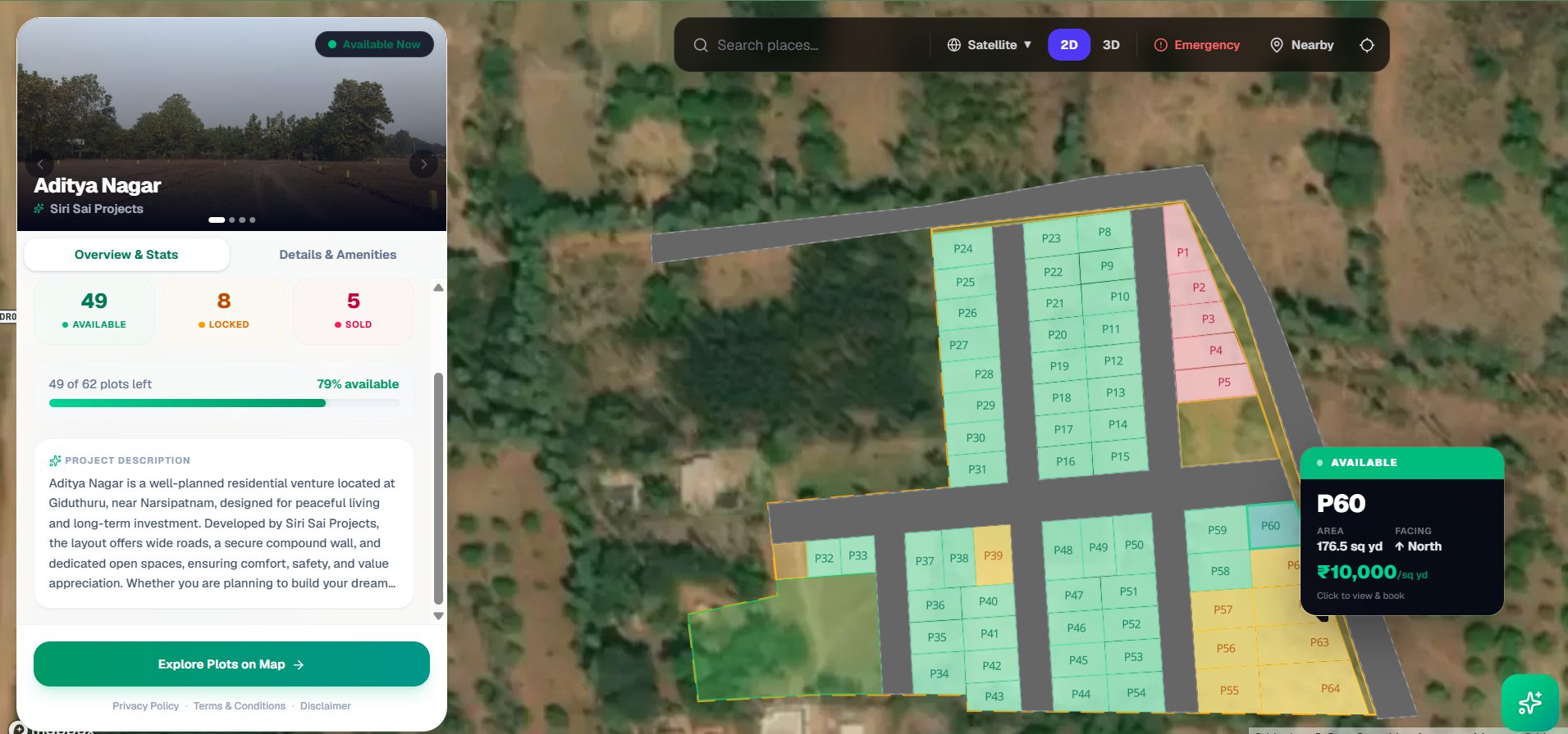 Digital plot layout map editor with satellite view and live per-plot pricing